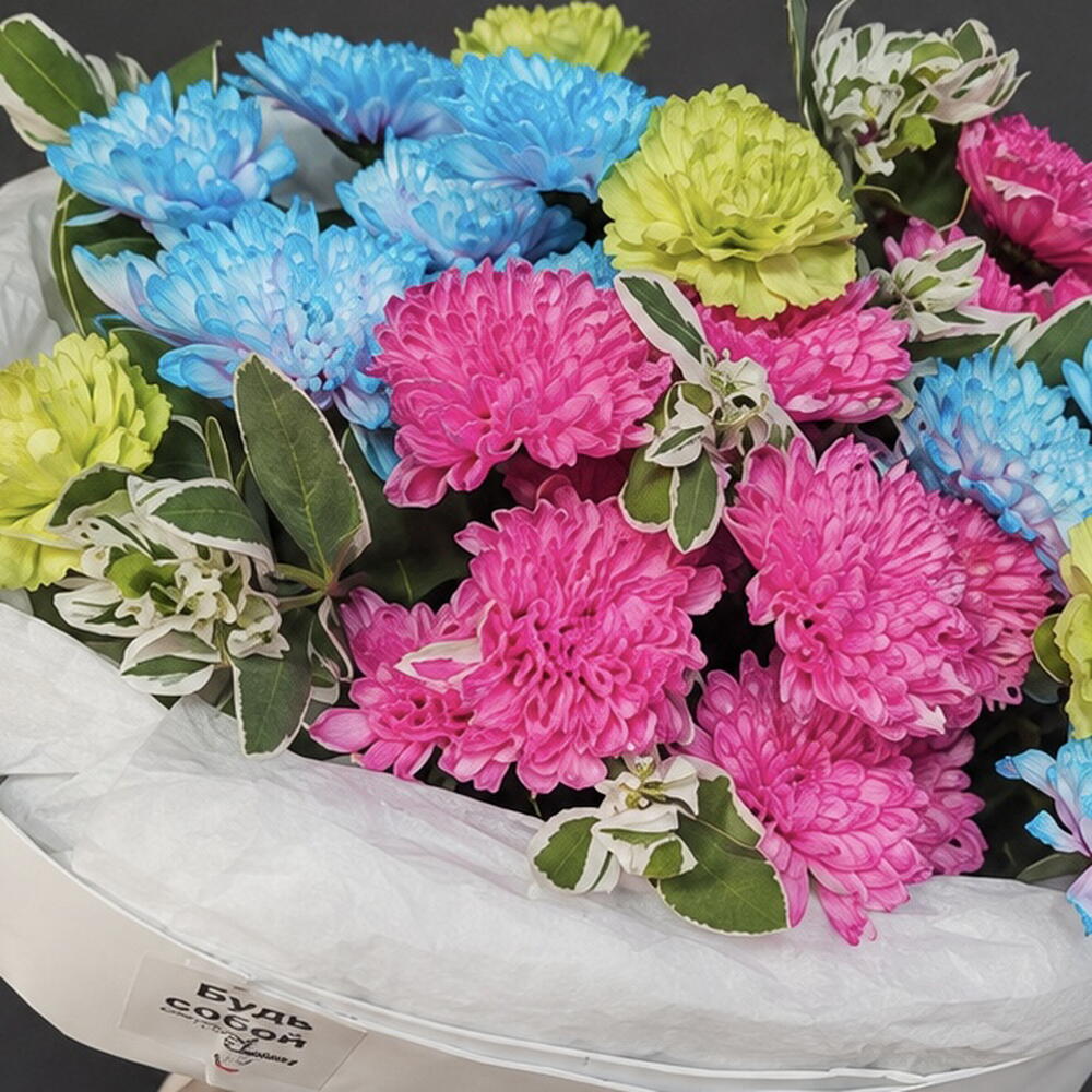 Очень яркий букет с разноцветными хризантемами и диантусами 🌸