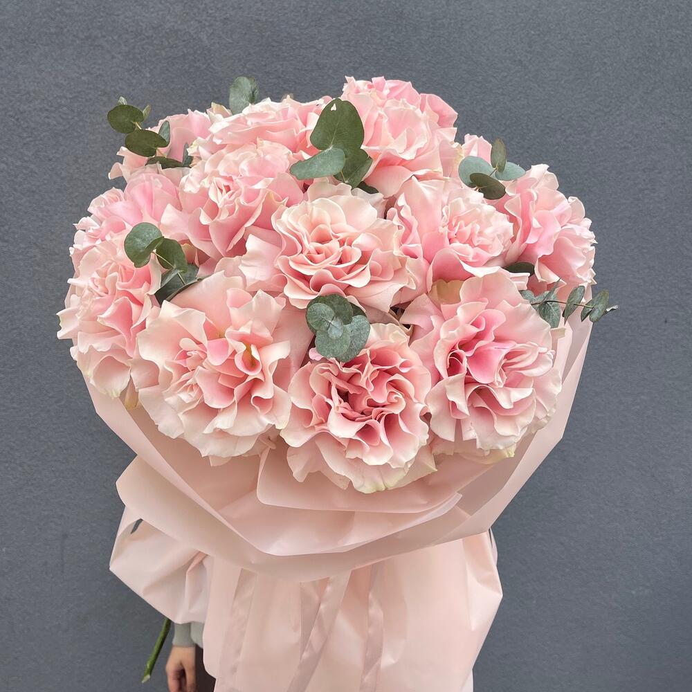 French roses with eucalyptus