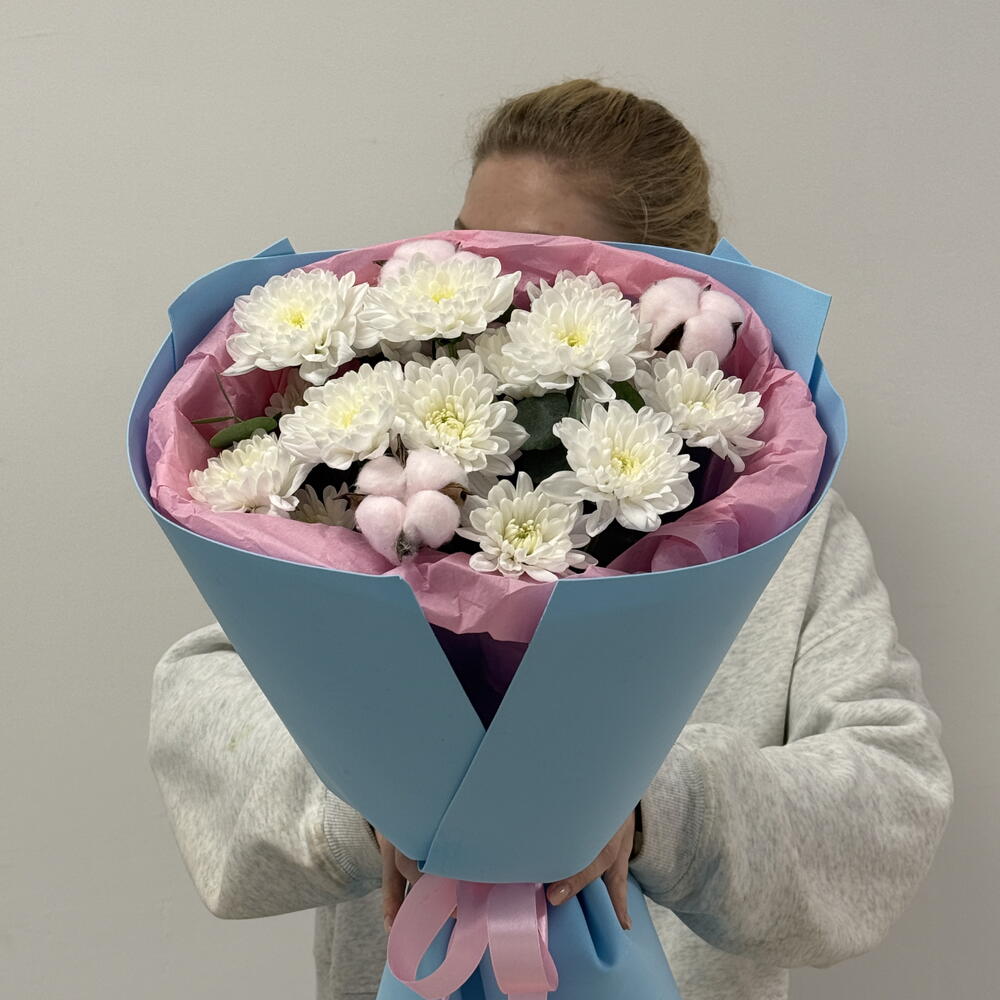 Букет 🌸 «Хлопковая сказка» кустовые хризантемы и хлопок 🎀