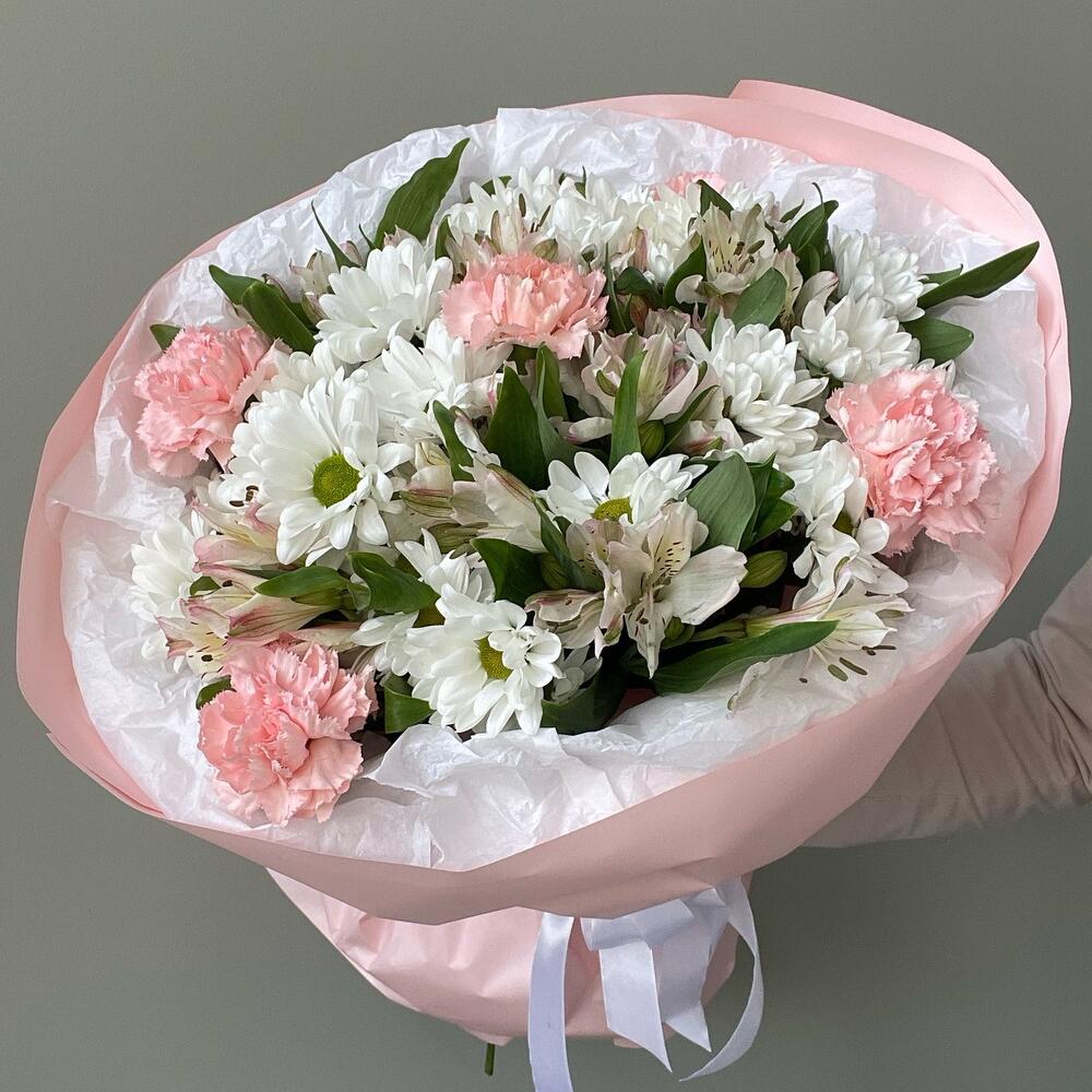 Хризантема, альстромерия, гвоздика🤍🩷🌸