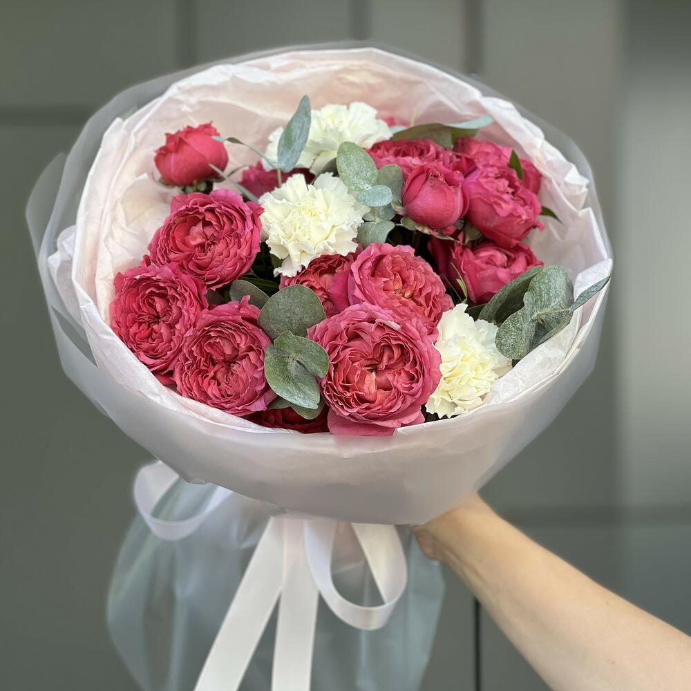 Bouquet of Lilac from bush peony roses and dianthus