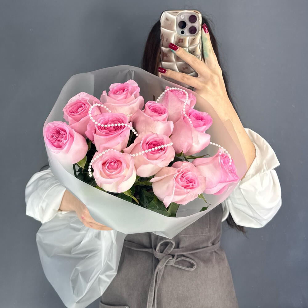 Монобукет💕 с пионовидной розой Мандала 11 штук с бусами