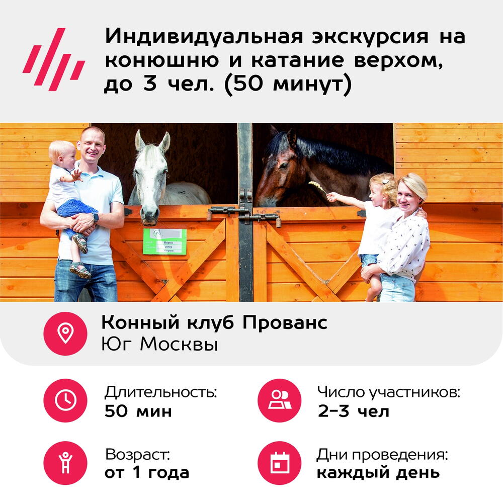 Подарочный сертификат Индивидуальная экскурсия на конюшню и катание верхом, до 3 чел. (50 минут)