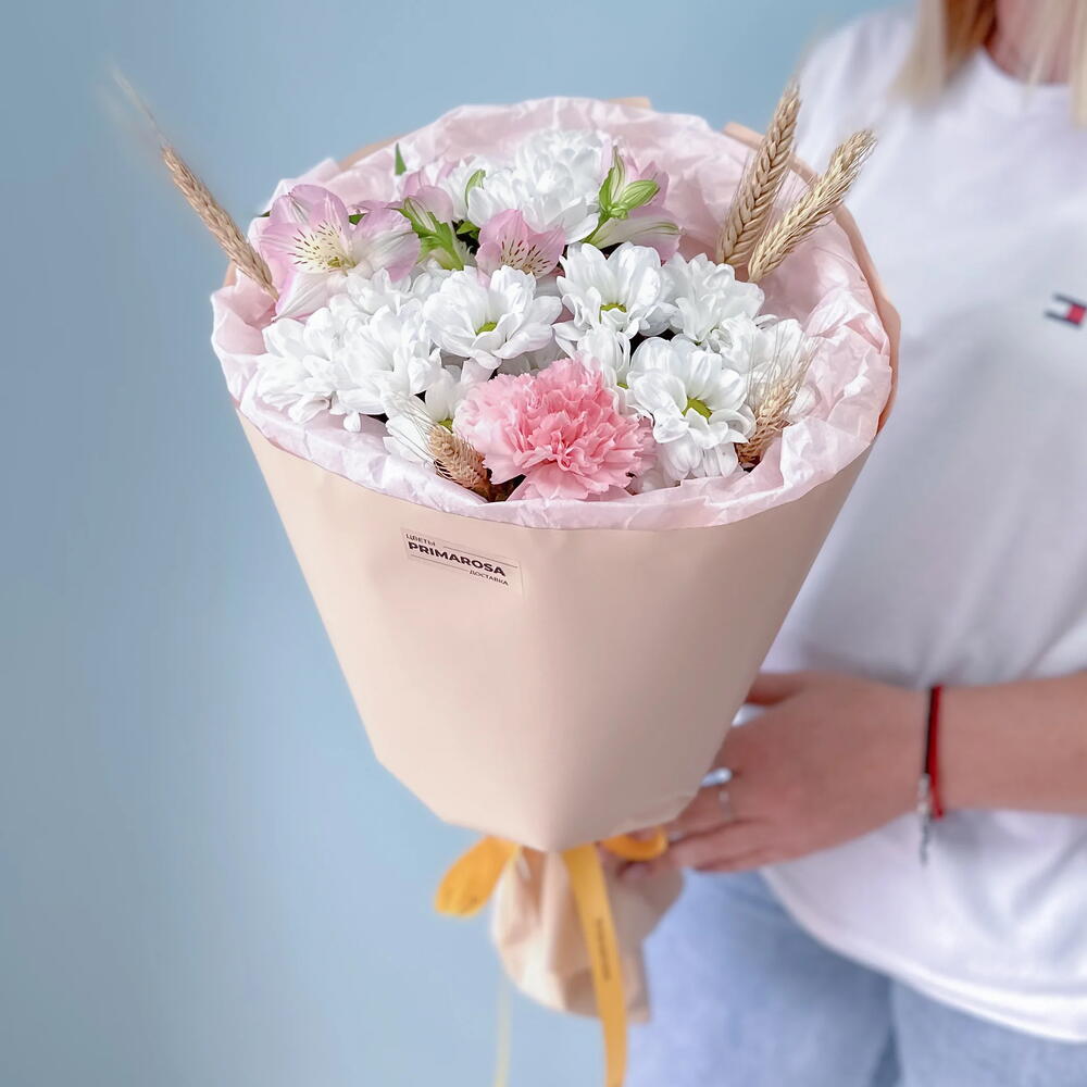 Букет с хризантемами, пшеницей и альстромерией «Летняя история» 🌾🌸 39861