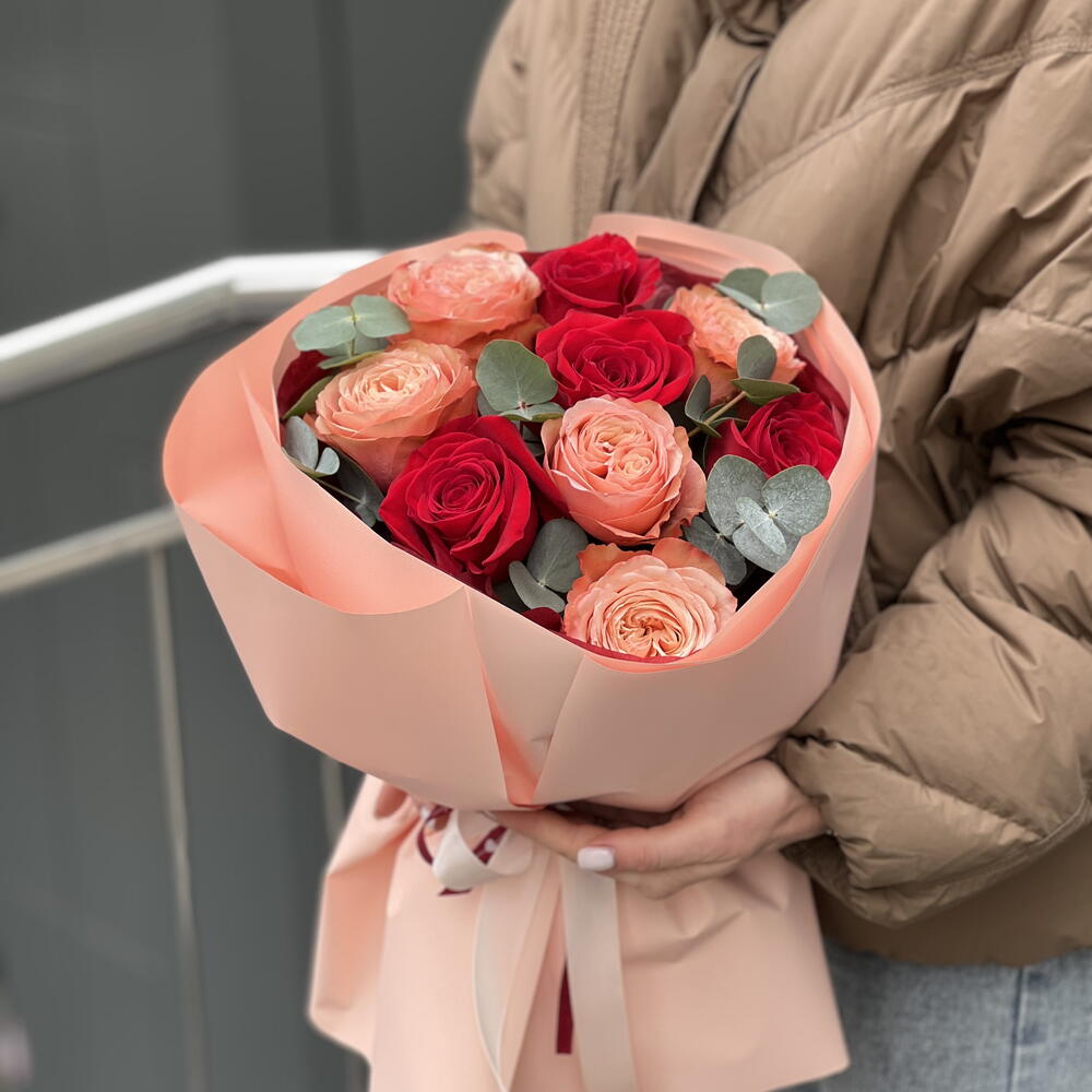 Breath of Flame bouquet of 9 red roses and kahala and eucalyptus roses