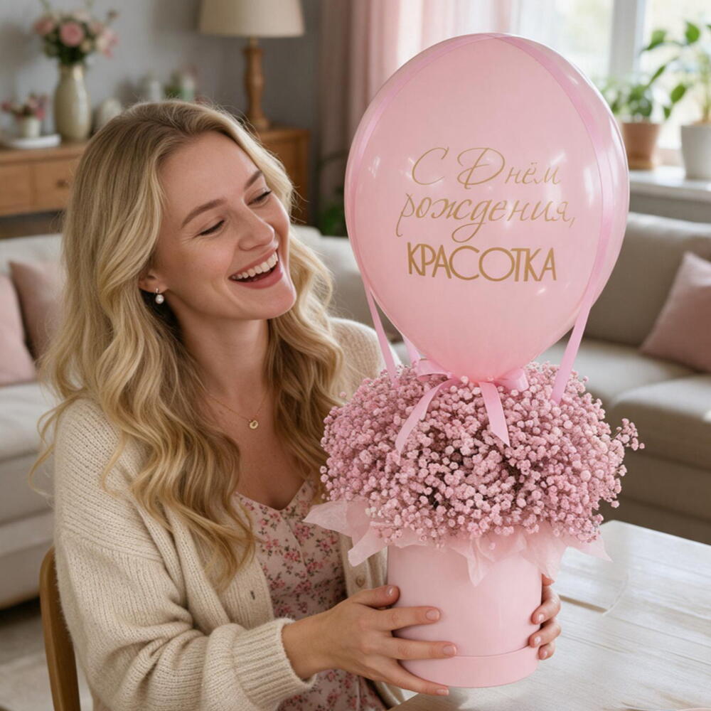 Композиция из Гипсофилы с шаром «С Днем Рождения , красотка»
