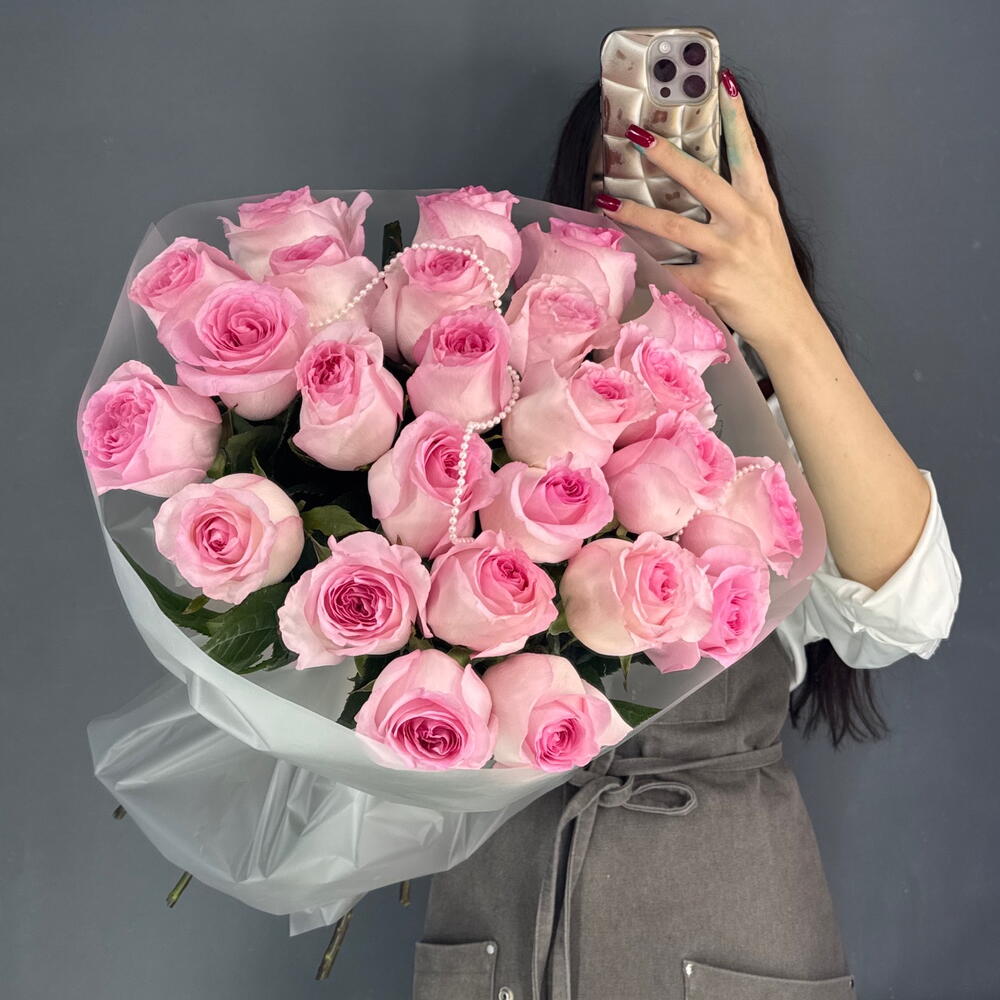 Монобукет💕 с пионовидной розой Мандала 25 штук с бусами