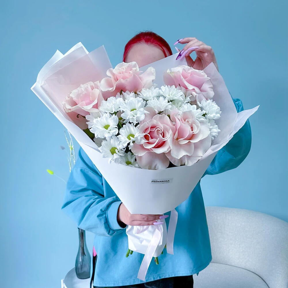 Букет из французских роз и хризантем «Нежное утро» 🌸🤍 38361