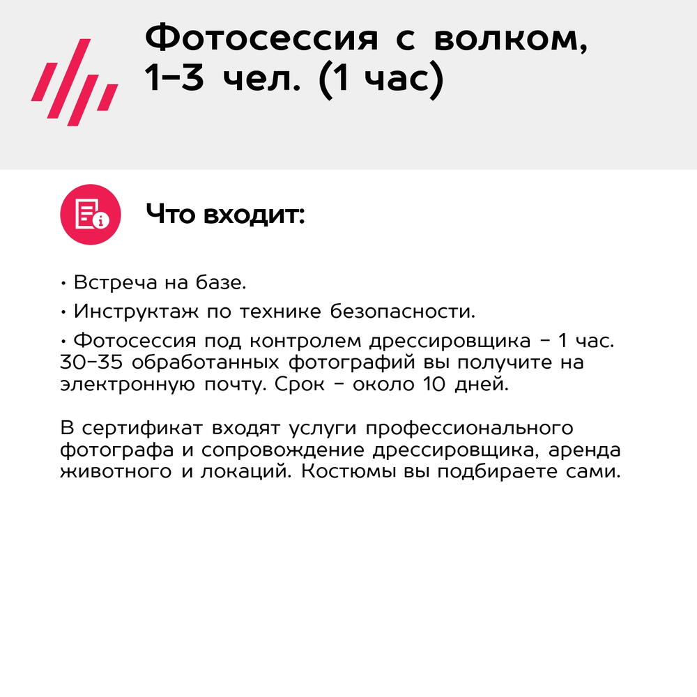 Подарочный сертификат Фотосессия с волком, 1-3 чел. (1 час) (Московская область)