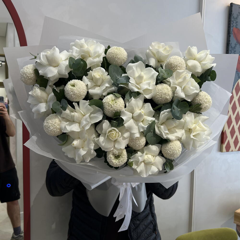 Double bouquet white French rose Chrysanthemums «Momoko» eucalyptus