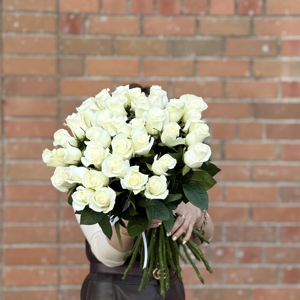 35 white roses with ribbon