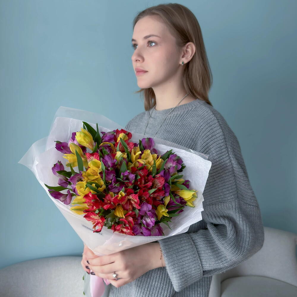 Букет из 15 разноцветных альстромерий «Яркое настроение»💐 40634