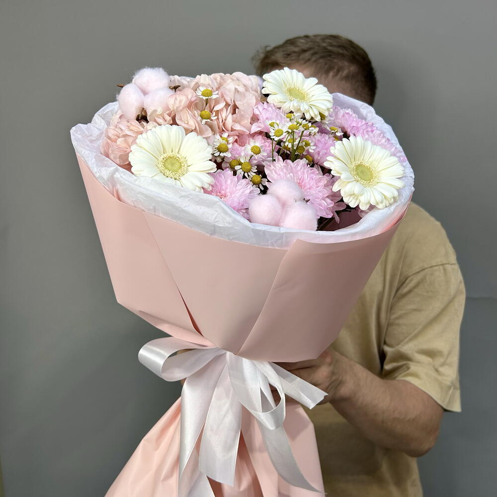 Букет «Вторая весна💕» с гортензией, герберой, ромашкой, хризантемой , хлопком