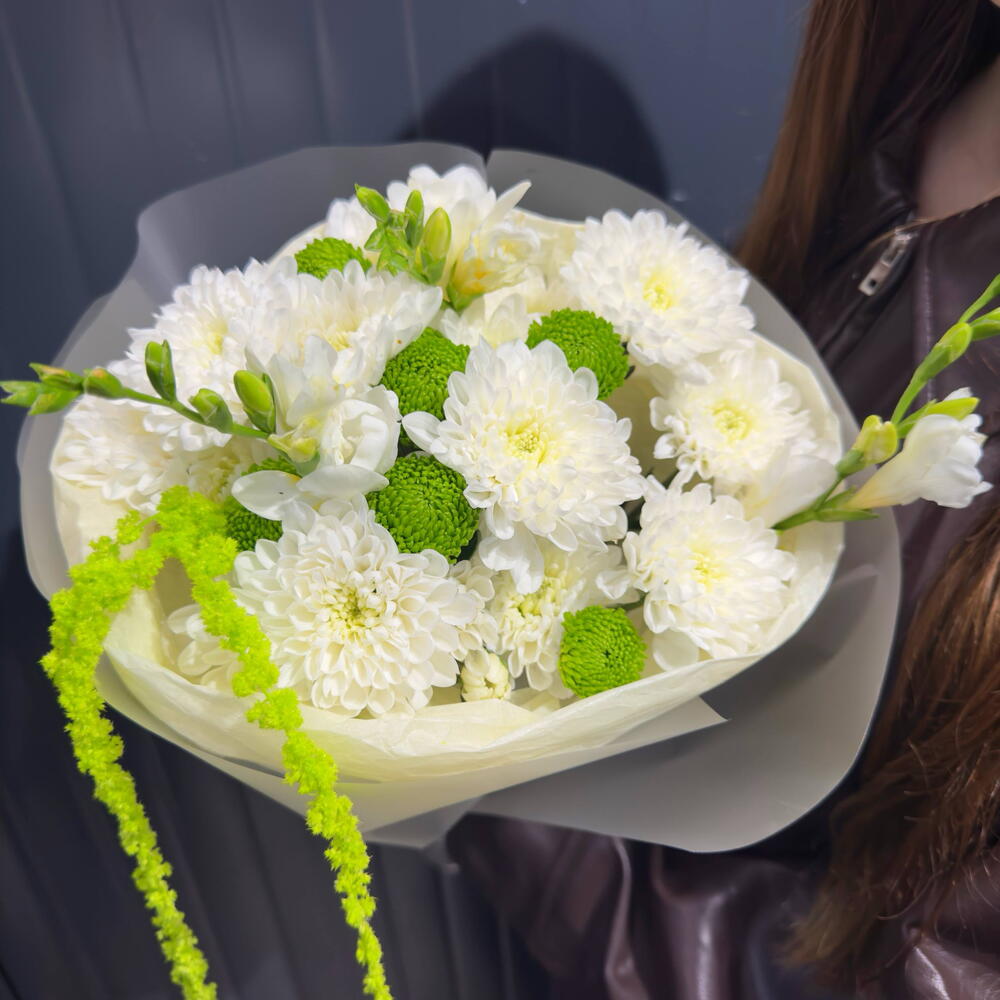 Фрезия 💚 С АРОМАТОМ МОХИТО 💚 хризантемы 🕊️ стабилизированный амарант White Mint зеленый букет
