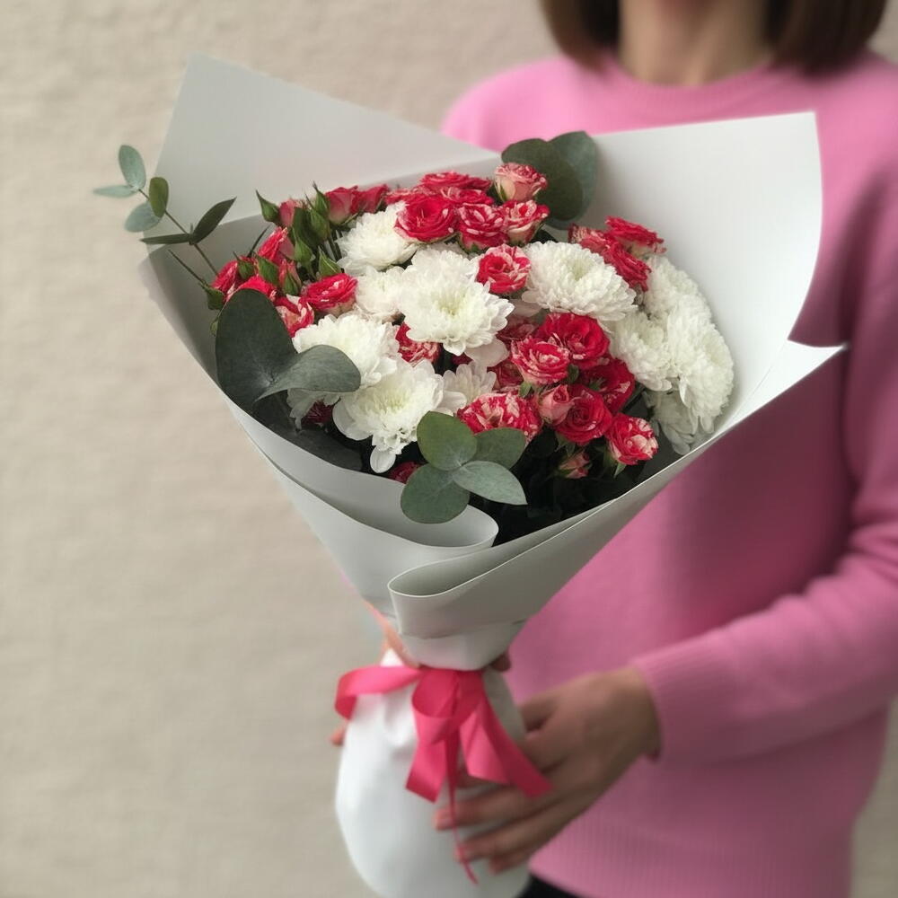 Букет хризантема и кустовая Роза
