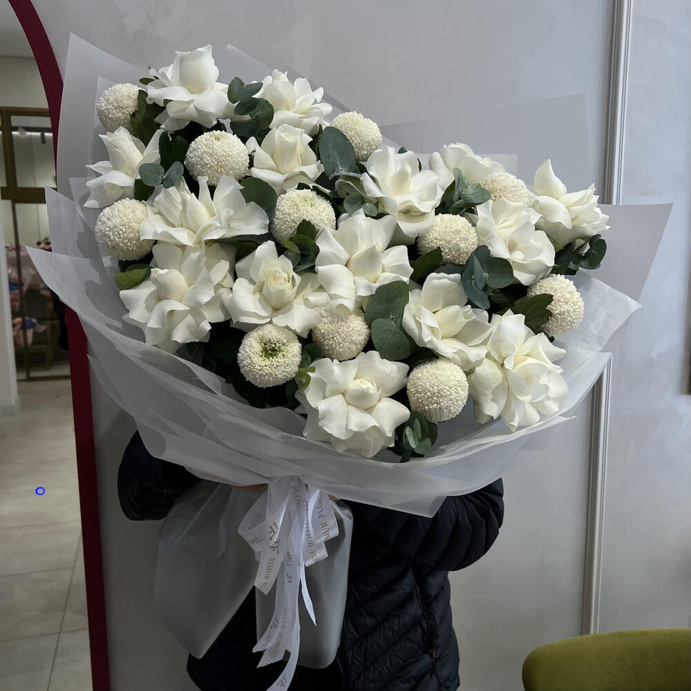 Double bouquet white French rose Chrysanthemums «Momoko» eucalyptus