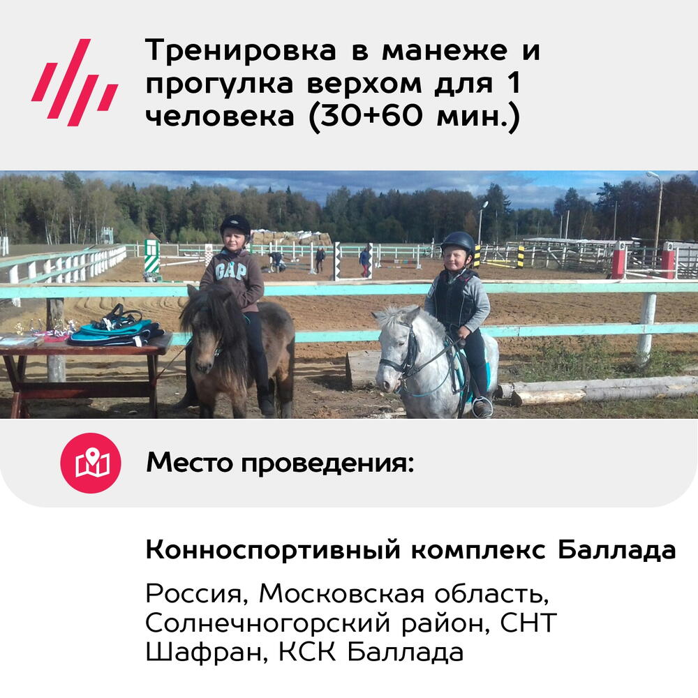 Подарочный сертификат Тренировка в манеже и прогулка верхом для 1 человека (30+60 мин.)