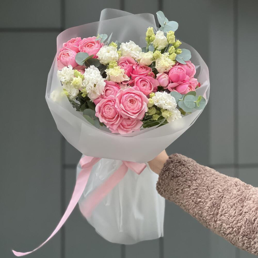 Bouquet of peony bush rose and eustoma Chantal