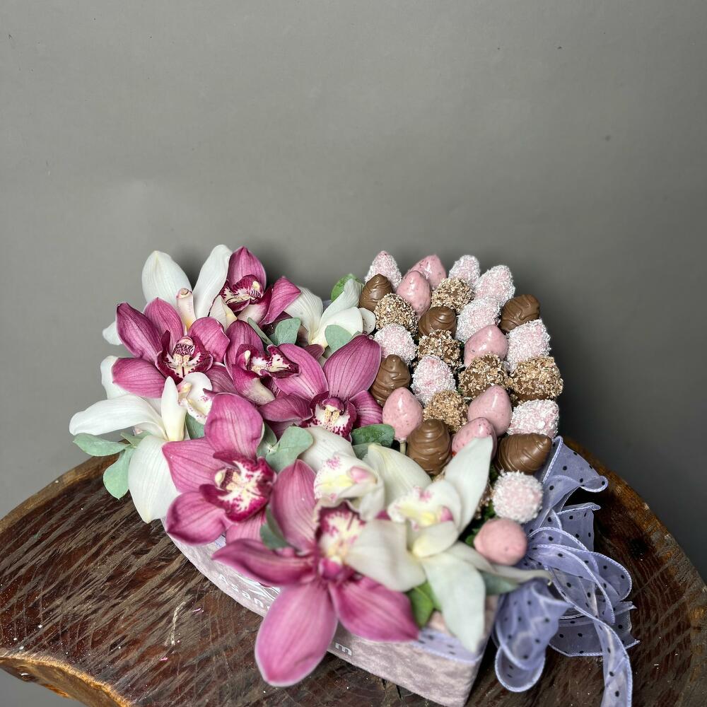 Flowers in a box + chocolate-covered strawberries