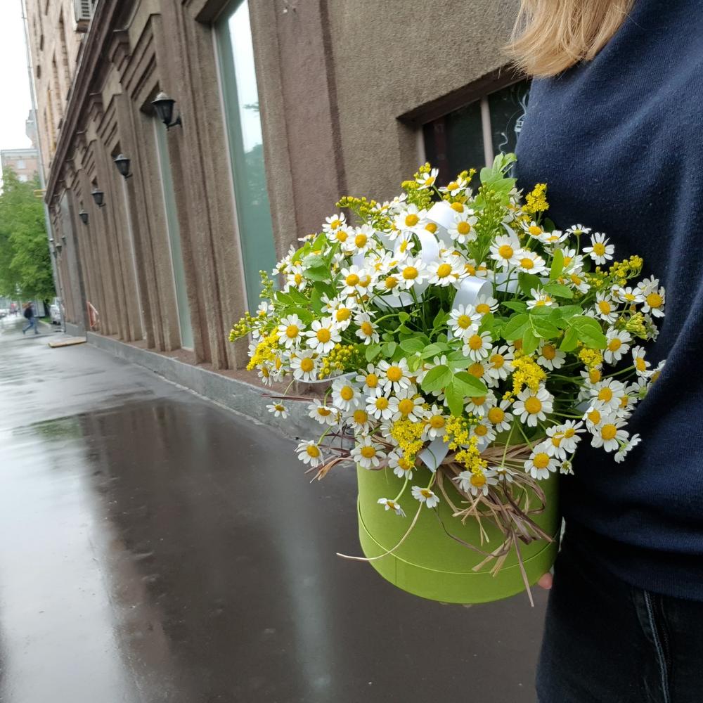 Композиция "Ромашки", в шляпной зеленой коробке, с кустовой ромашкой