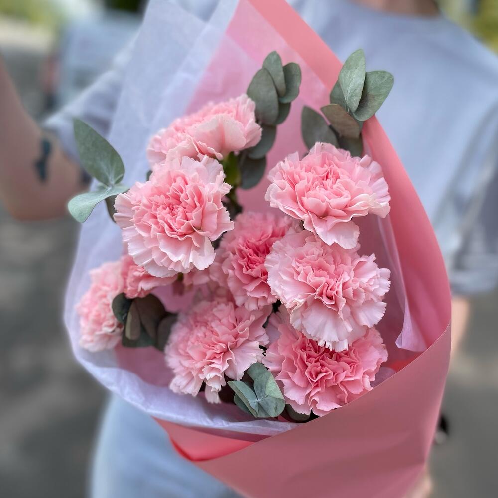 Букет из 9 розовых диантусов (гвоздик) и эвкалипта