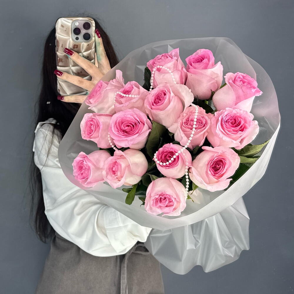 Монобукет💕 с пионовидной розой Мандала 15 штук с бусами