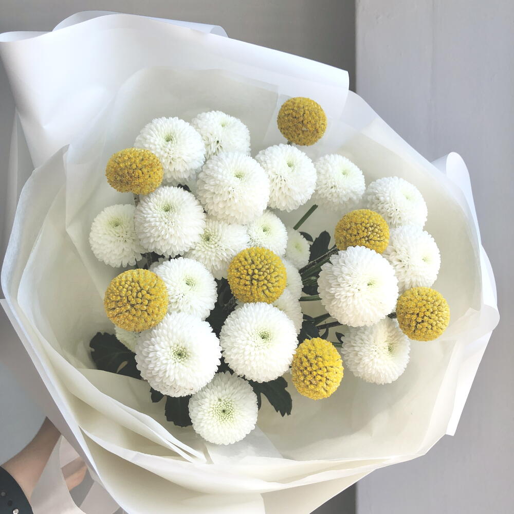 Букет с хризантемой и краспедией N 904 + подарок от Vivienne Sabo — румяна MACARON