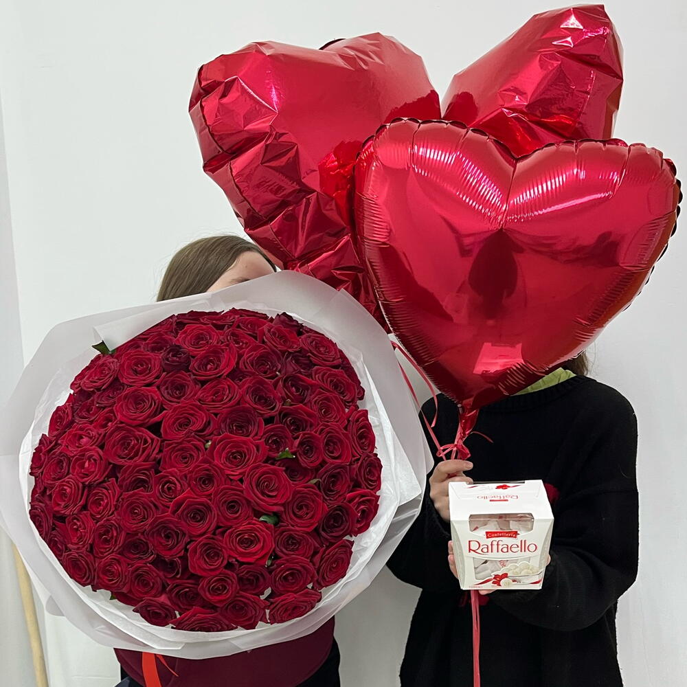 Акция ❗️❗️ Комбо XL 101 Роза 🌹 +  3 Шаров Сердце ♥️ + Raffaello 🍬