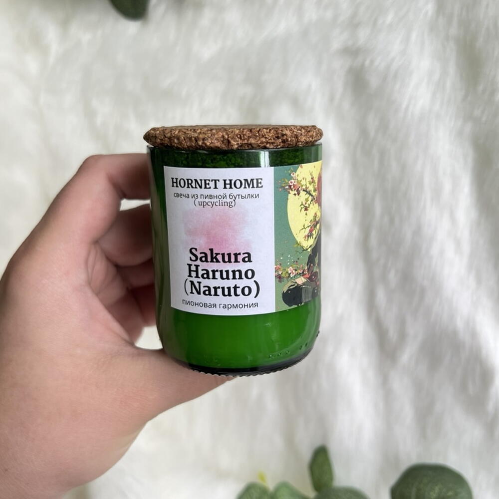 Эко свеча в обрезанной бутылке из соевого воска "Сакура" - пионовая гармония