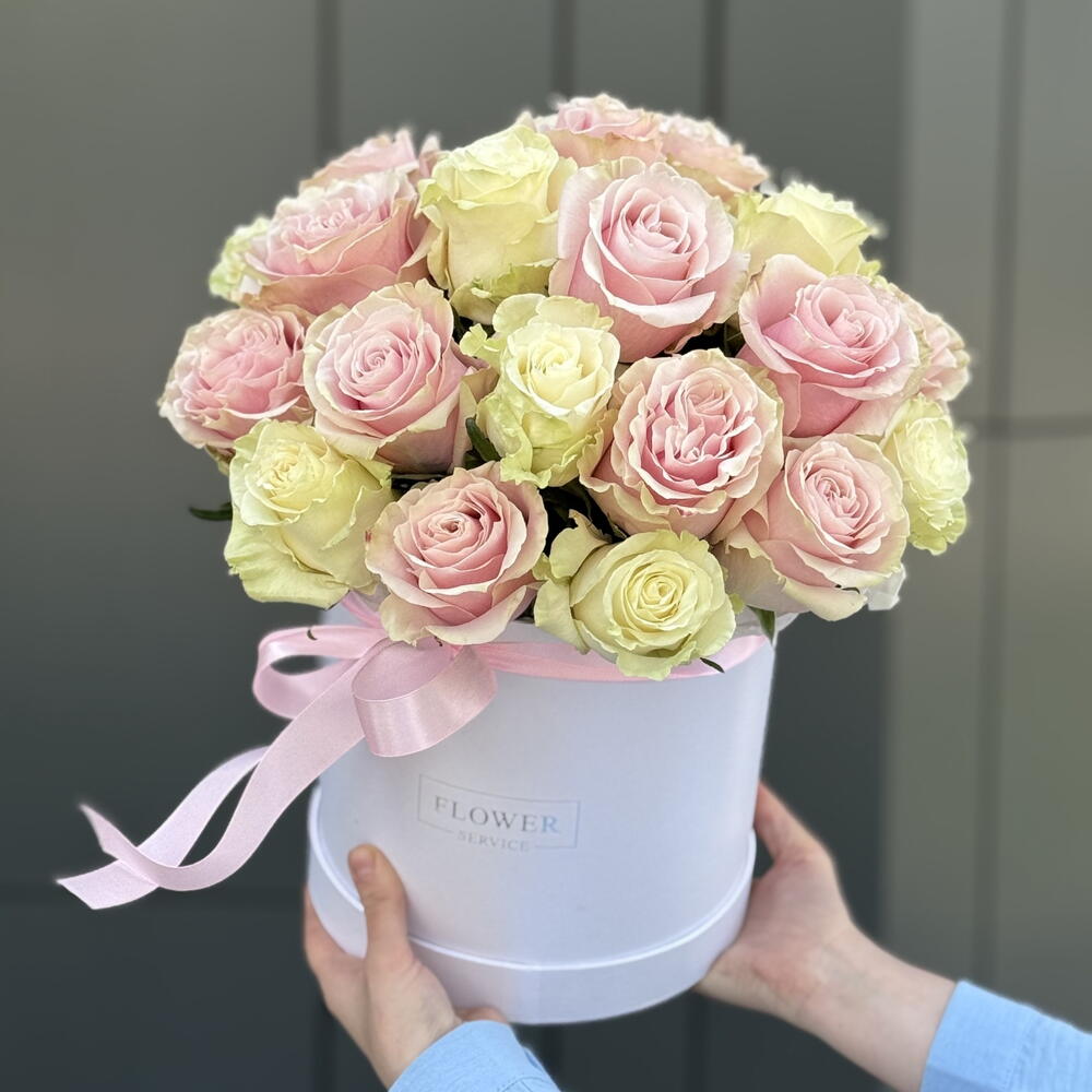 A box of tender feelings with white and pink roses