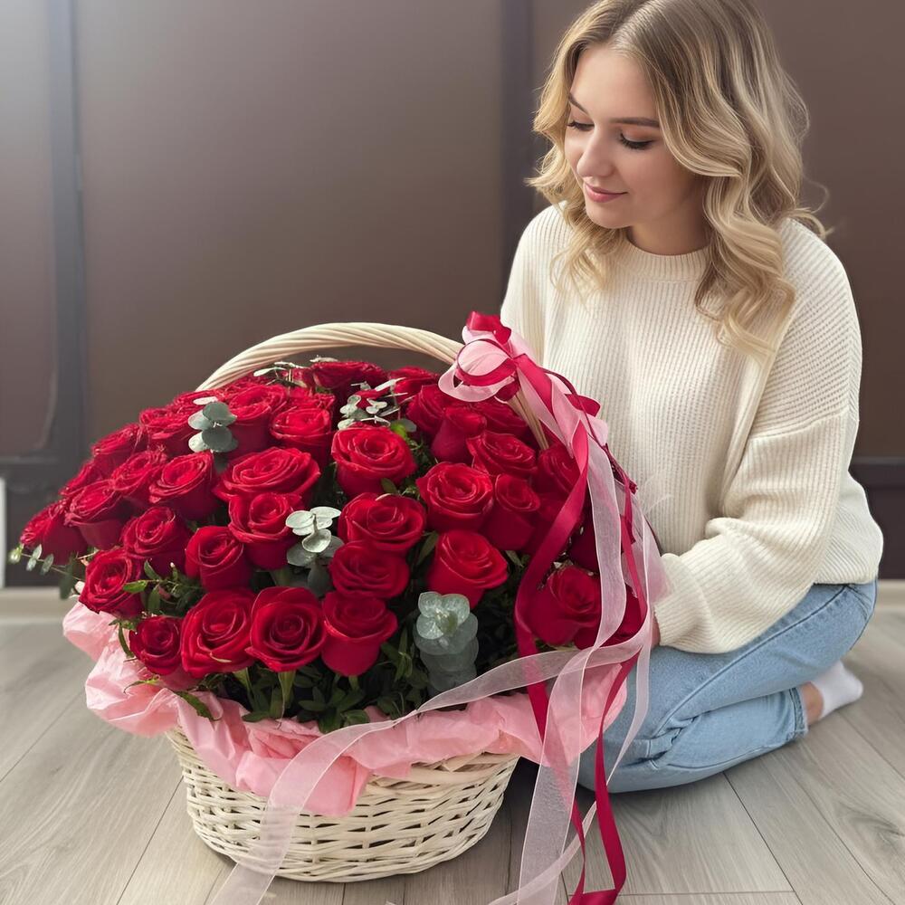 "Романтика в корзине" 🌹🎀 композиция 101 Роза