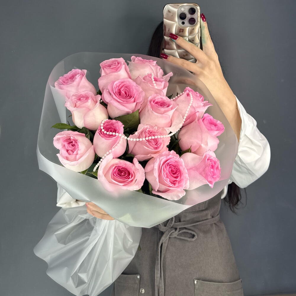 Монобукет💕 с пионовидной розой Мандала 15 штук с бусами