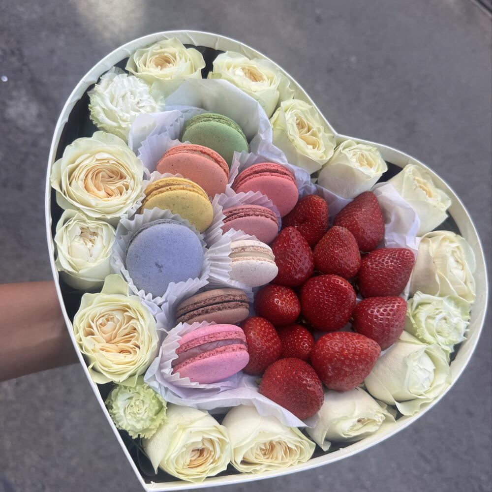 Flowers + strawberries + macarons