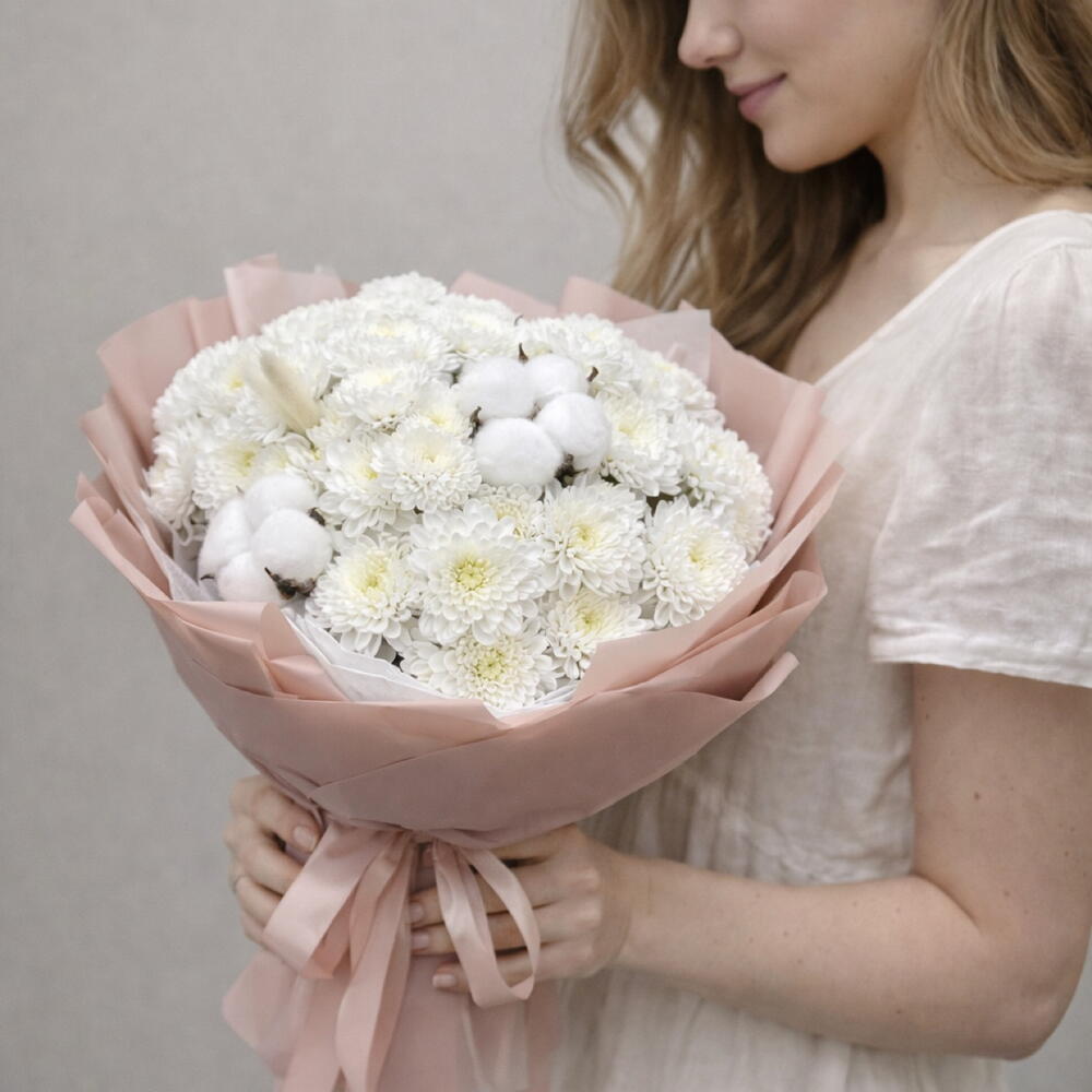 Кружевная  хризантема с хлопком и лагурусом🌸
