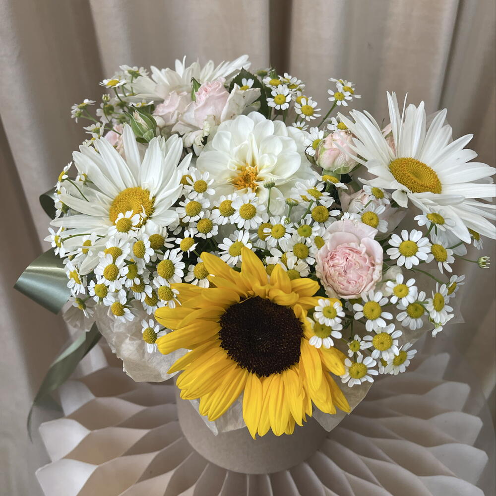 Ромашки и подсолнух в крафтовом цилиндре 🌼