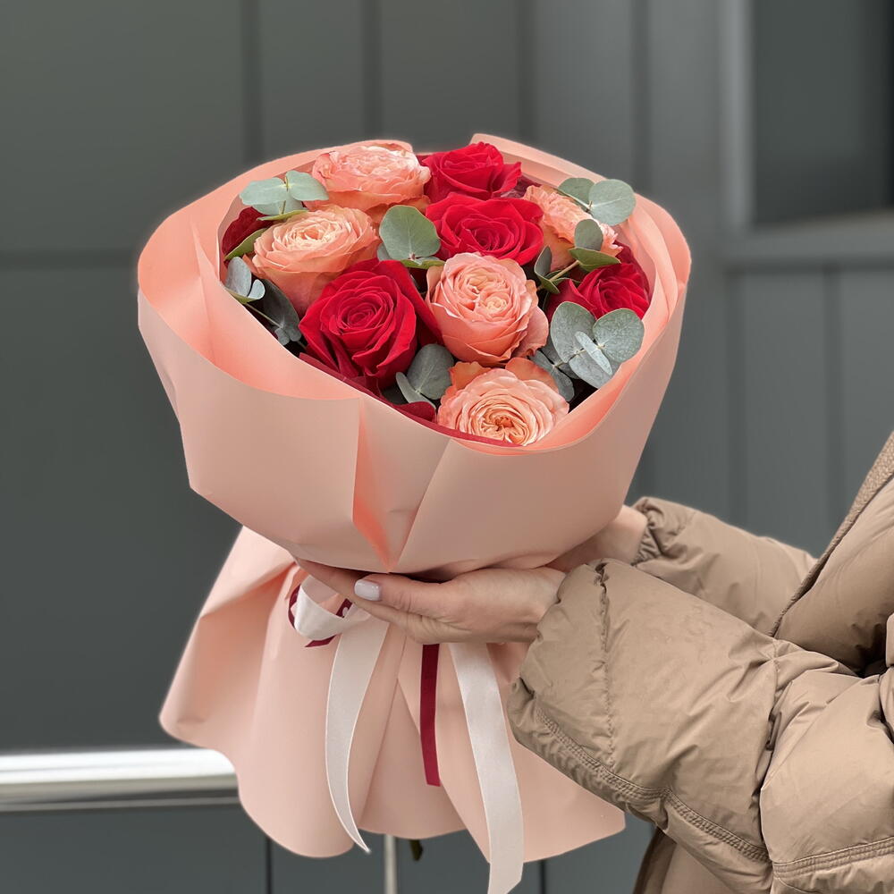 Breath of Flame bouquet of 9 red roses and kahala and eucalyptus roses