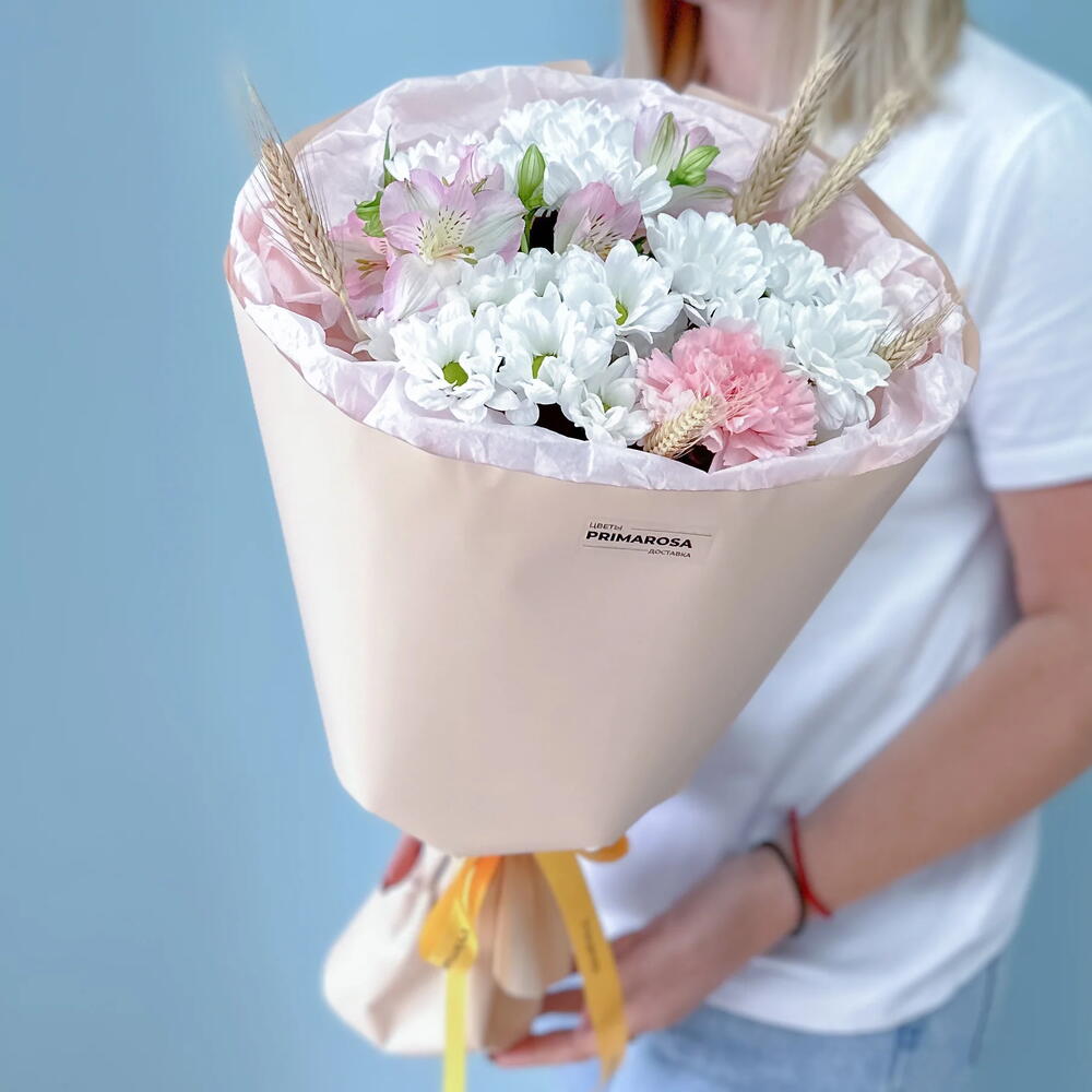 Букет с хризантемами, пшеницей и альстромерией «Летняя история» 🌾🌸 39861