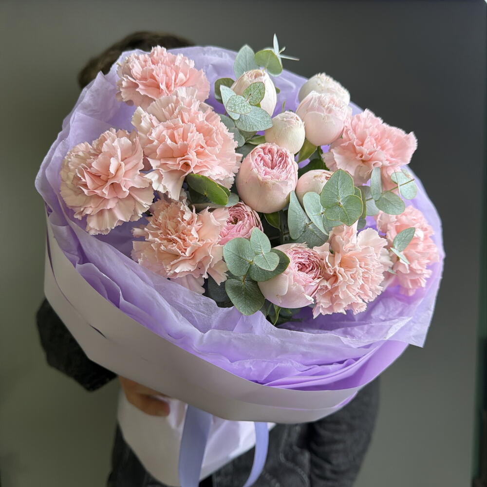 Букет 🌸 «Пудра и Лаванда» ☁️💜🧸🍃🤍 с диантусами  пион розами
