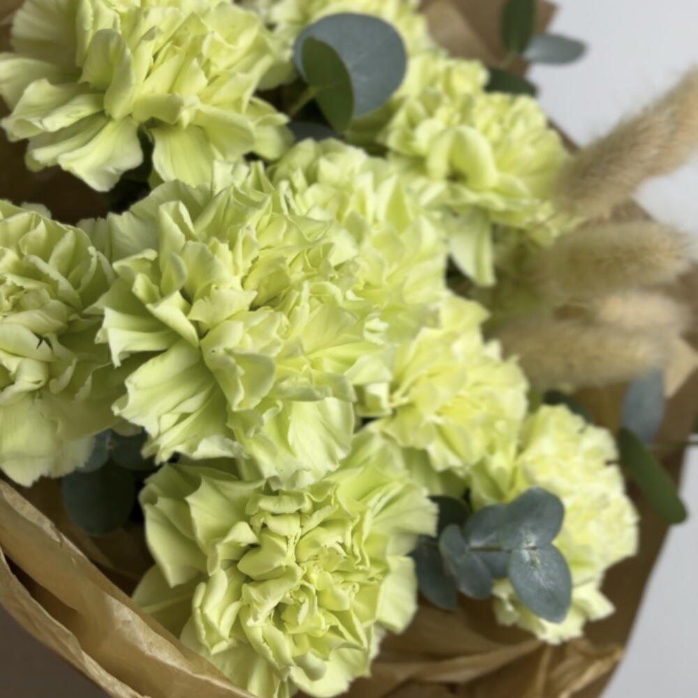 Диантусы цвета зеленого яблока с лагурусом и эвкалиптом в крафте 💚 бмнд