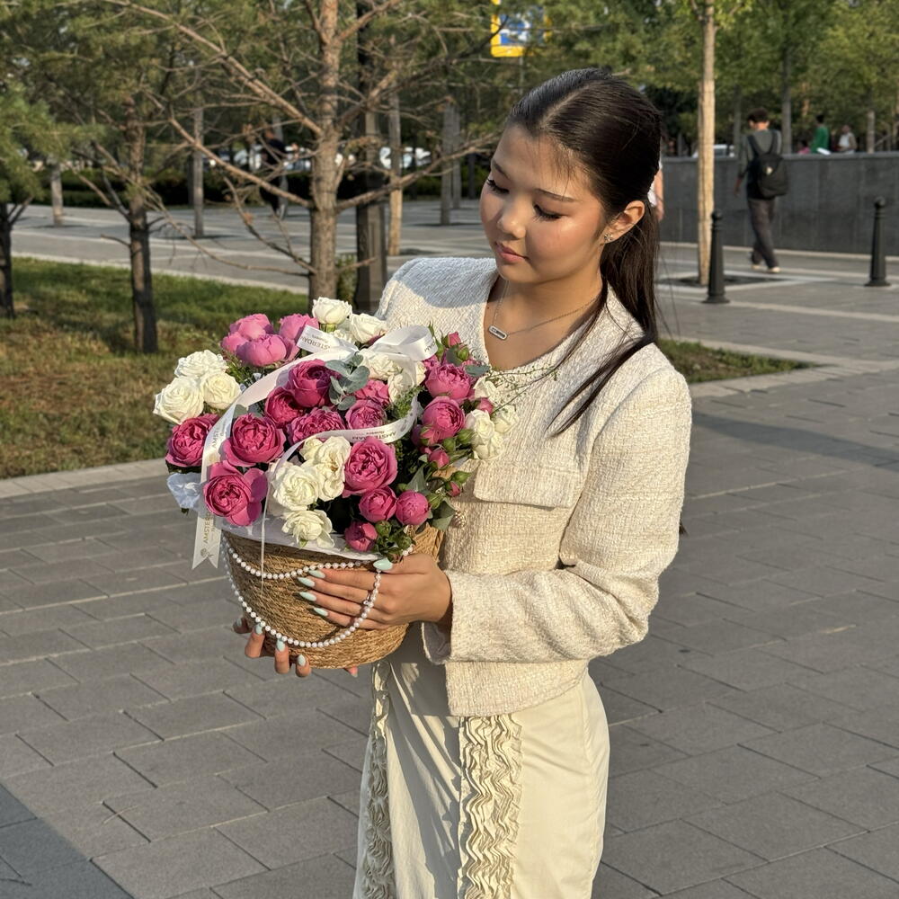 A basket of peony-like shrub roses