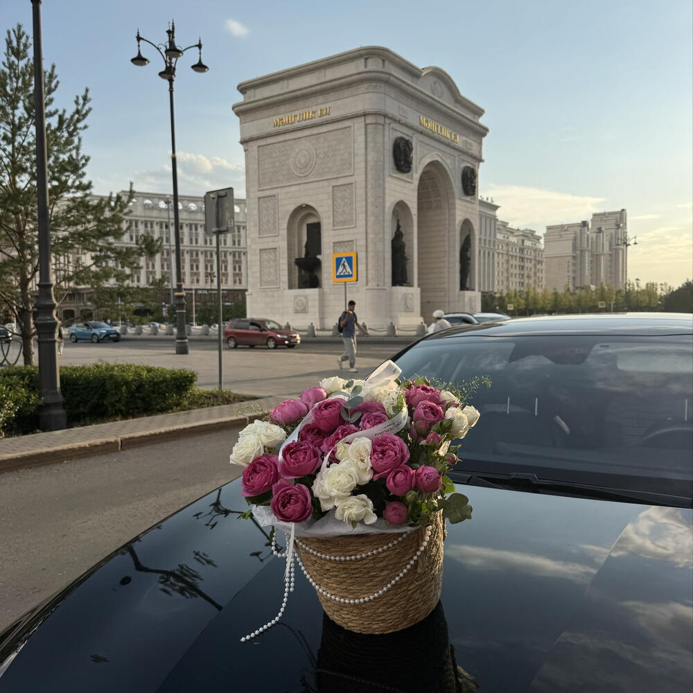 A basket of peony-like shrub roses