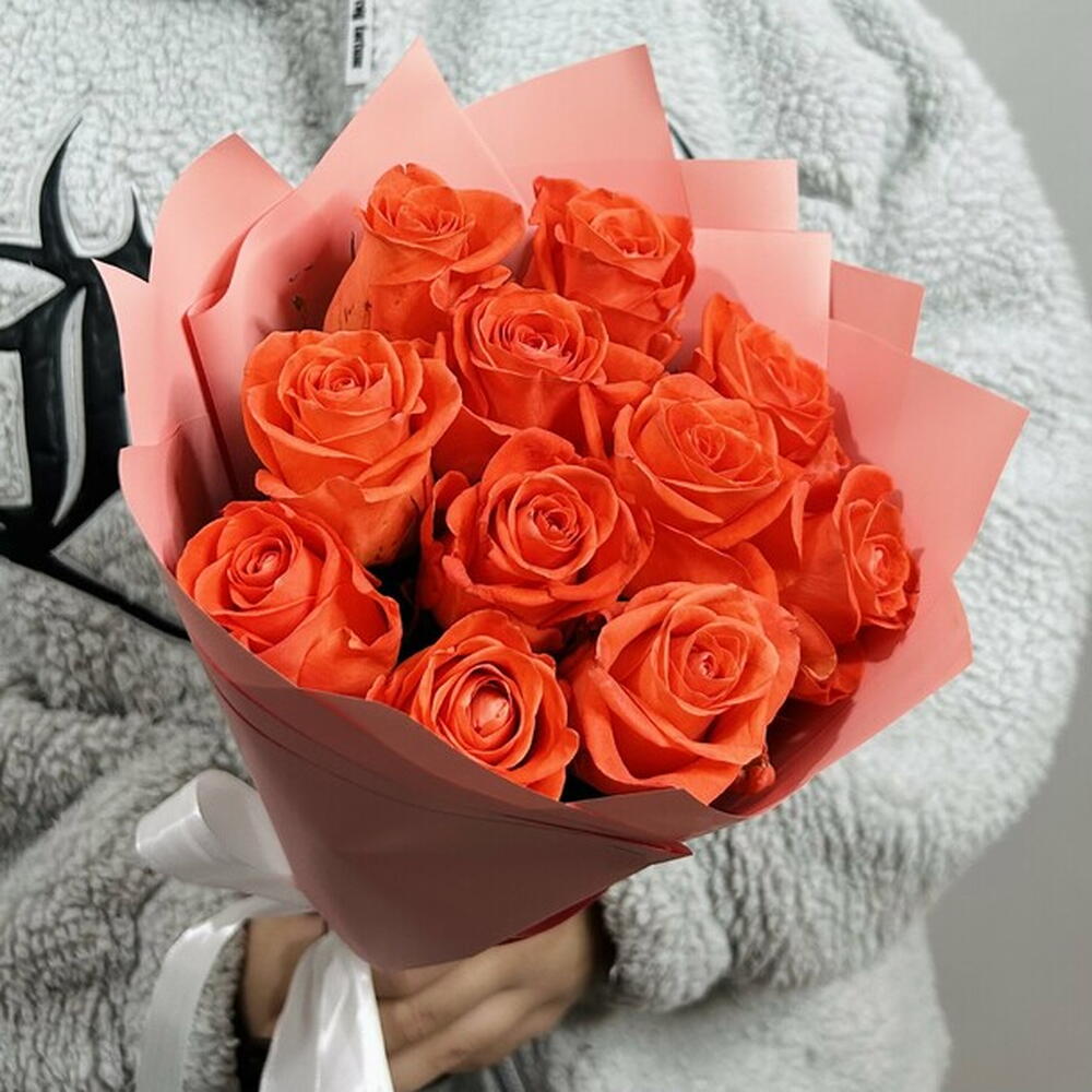 Букет живых цветов из оранжевых роз 11шт (40см)