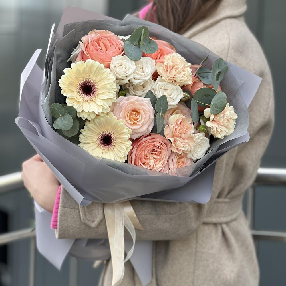 Cheryl's bouquet of gerberas, kahala roses, dianthus and bush roses