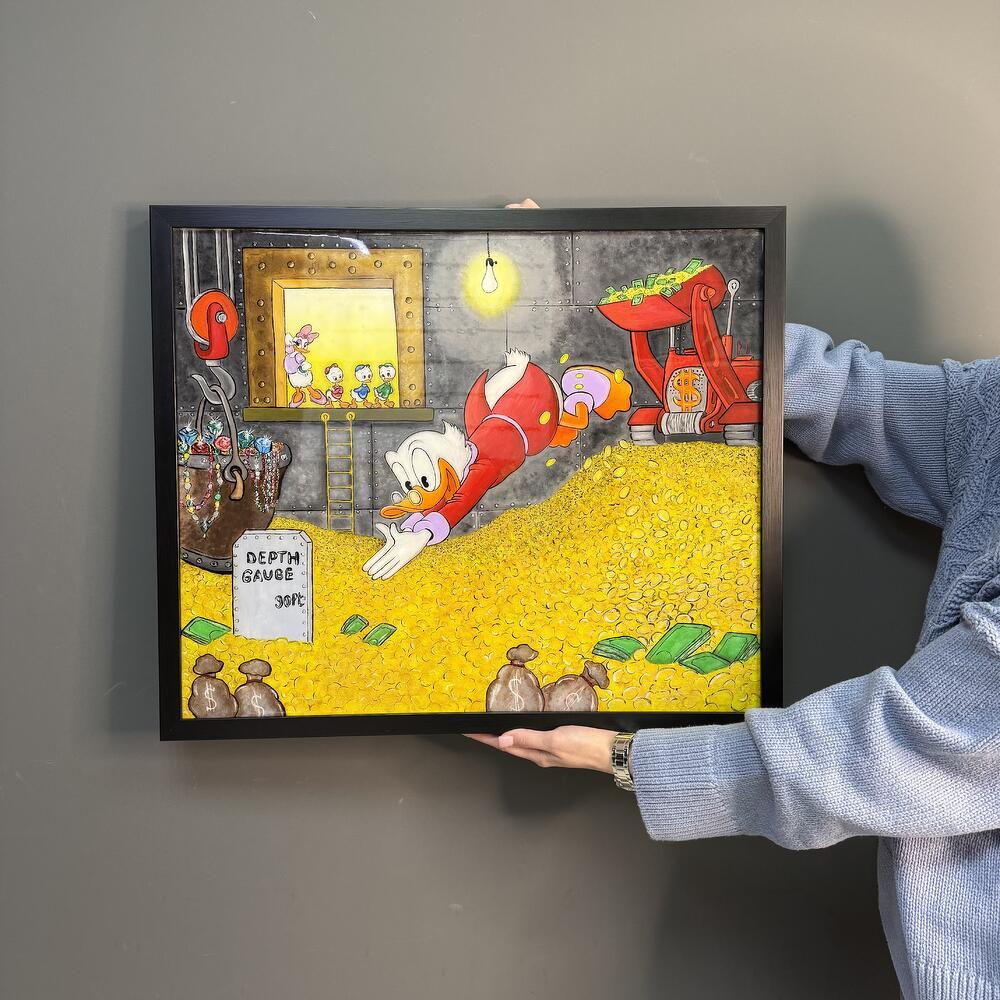 The Scrooge painting in gold is coated with epoxy resin
