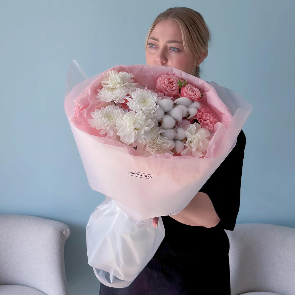 Букет с хлопком, хризантемой и розой Бомбастик «Белый бархат» 🤍🌸 40941