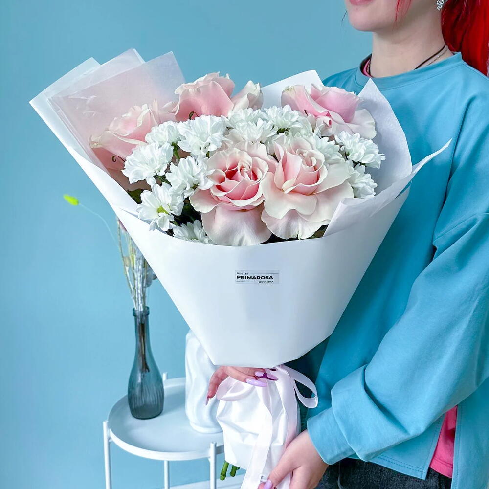 Букет из французских роз и хризантем «Нежное утро» 🌸🤍 38361
