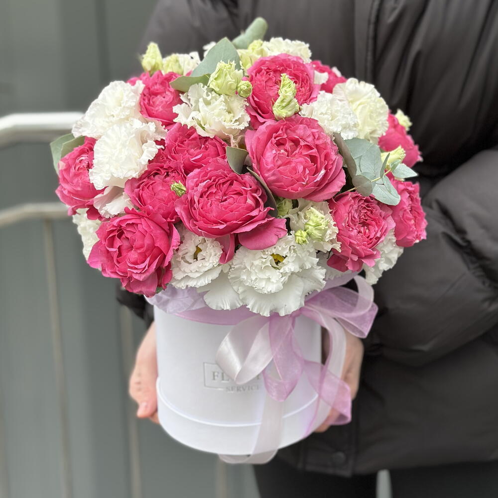 Valencia box with bush peony roses and eustoma