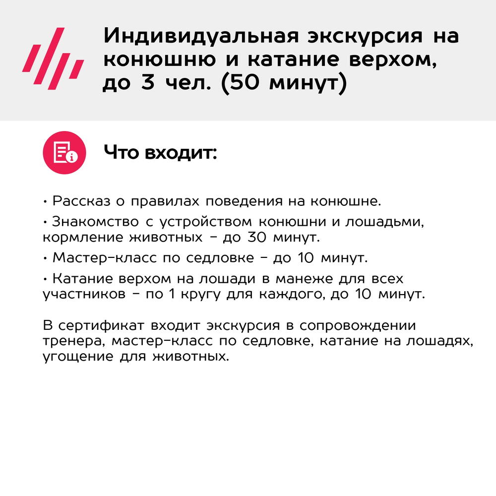 Подарочный сертификат Индивидуальная экскурсия на конюшню и катание верхом, до 3 чел. (50 минут)