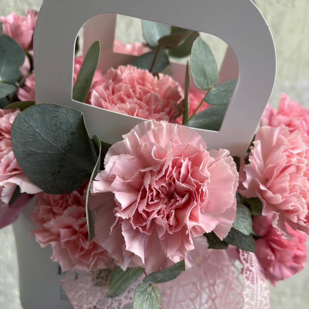 Композиция из стойких, ярких розовых диантусов и эвкалипта в сумочке Fresh Flower