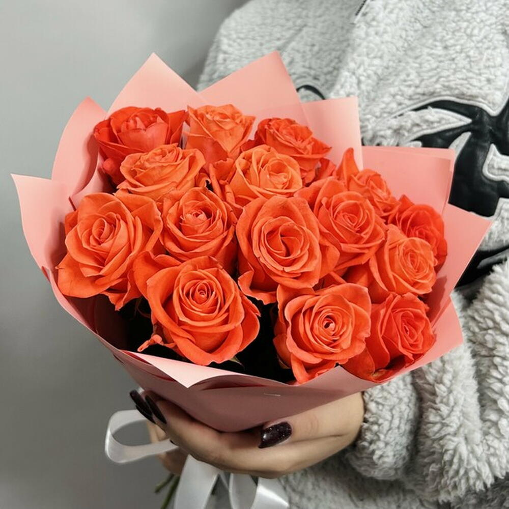 Букет живых цветов из оранжевых роз 15 шт (40см)